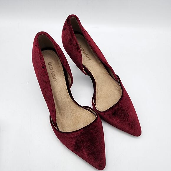 Old Navy Velvet Stiletto D'Orsay Heels Size 6 Pointed Toe Plum Wine Red Slip On - Picture 1 of 9